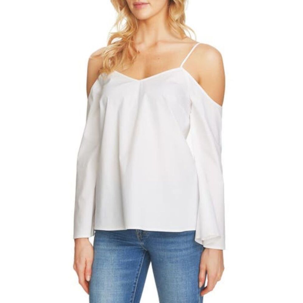 1. STATE Womens White Cold Shoulder Long Sleeve V Neck Top L - Picture 2 of 4